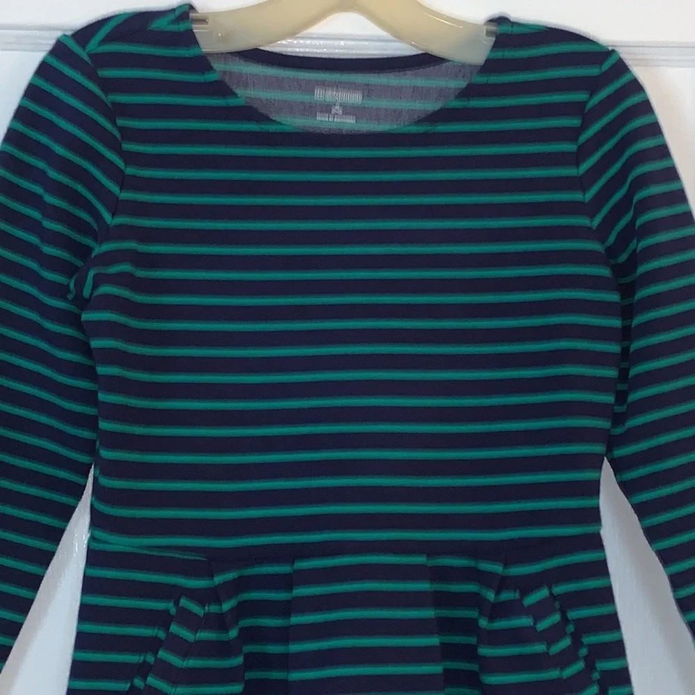 Gymboree Navy Blue & Green Striped Dress Long Sleeve Crew Neck Pockets 7/8 EUC